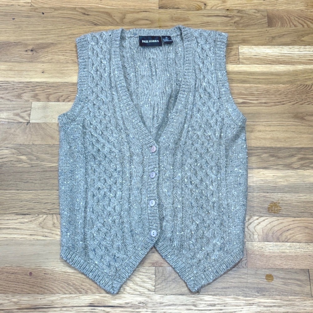 Paul Harris Mens Tan Cable Knit Wool Blend Button Front Sweater Vest Size Medium